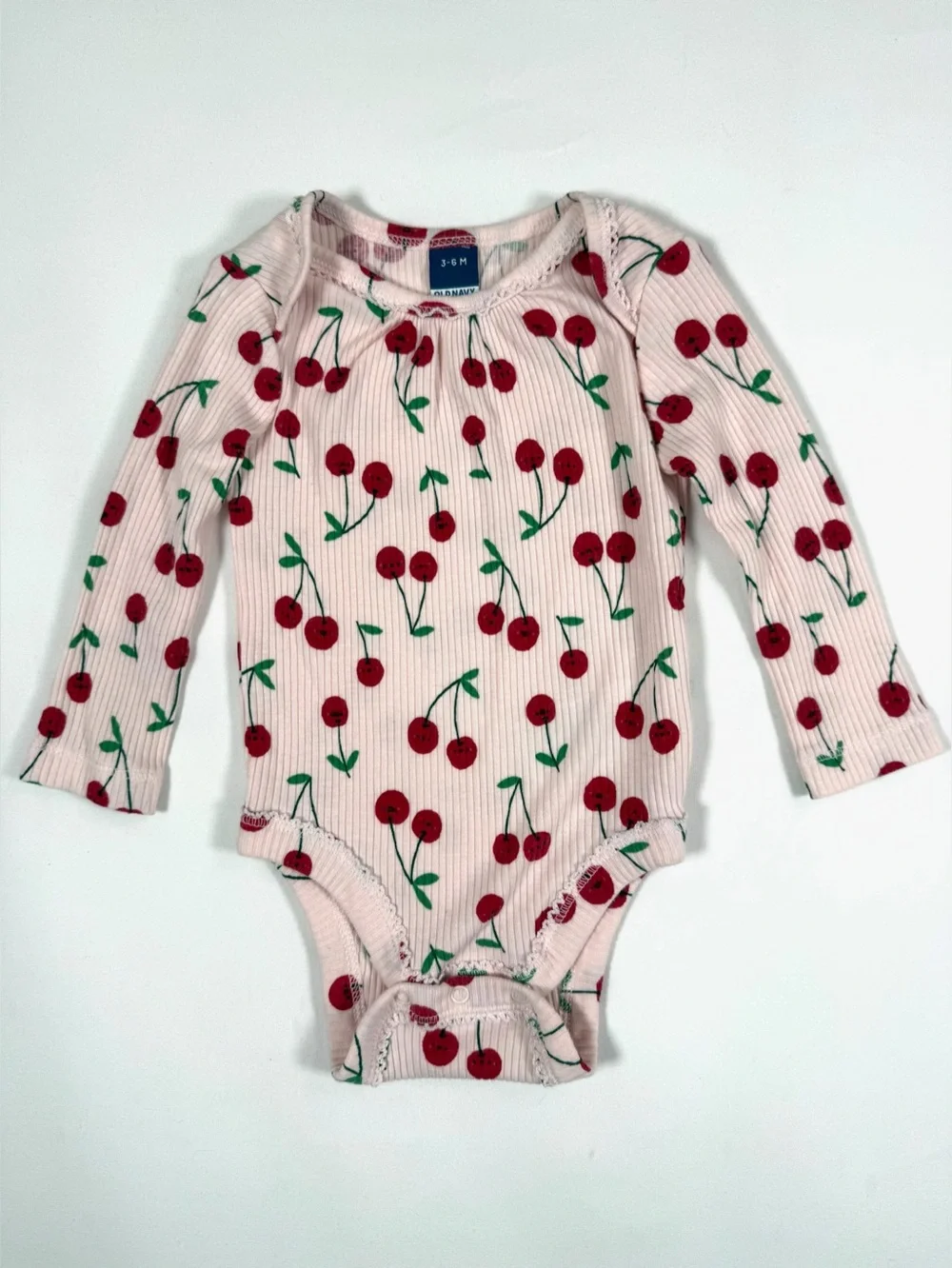 OLD NAVY Baby Cherry Print‎ Ribbed Bodysuit Pink Long Sleeve Onesie 3-6 Months